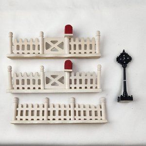 Set of 3 Mervyn's Vintage Village Square White Picket Fence 2 Mailbox & Clock